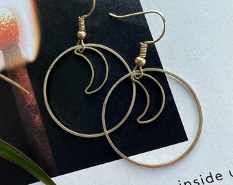 Brass Moon Hoops | Brass Earrings | Dangle Hoop