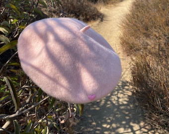Pink Wool Beret: French Style Hat with Heart Embroidery