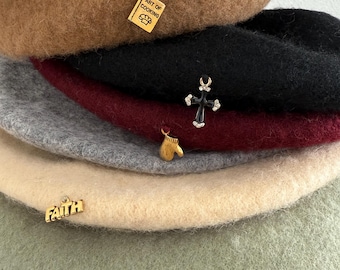 Wool Beret with Handmade Heart Embroidery - Winter Hat