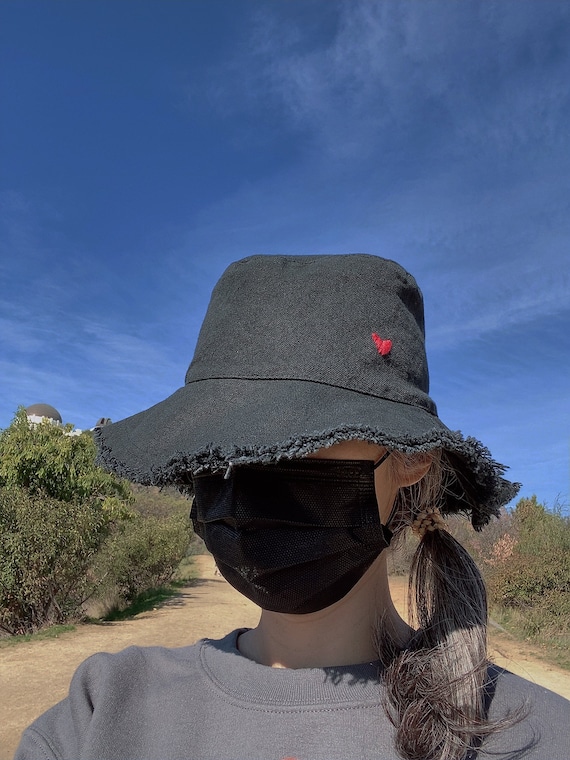 Cotton Bucket Hat: Distressed Brim, Heart Embroidery - Etsy display picture 3