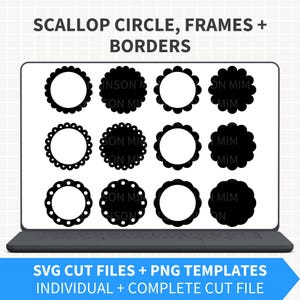 Könnte beinhalten: Ein digitales Design mit einem Laptop-Bildschirm, der verschiedene schwarze Muschelkreisrahmen und -ränder anzeigt. Der Text "SCALLOP CIRCLE, FRAMES + BORDERS" steht oben. Darunter steht der Text "SVG CUT FILES + PNG TEMPLATES".