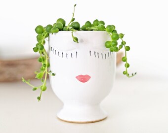 Vanilla Cecilia Planter - Cute Celfie Face Pot for Succulents and Small Plants in White