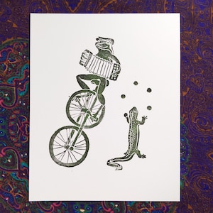 Amphibian Circus Club Block Print / Pacific Tree Frog and Rough Skinned Newt / Nature and Wildlife Art /  Accordion, Unicycle and Juggling