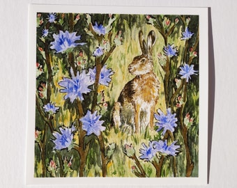 Impression aquarelle lièvre sauvage dans les asters / fleurs et animaux printaniers / Aquarelle de Pâques