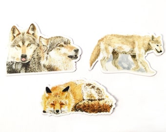 May include: Three watercolor illustrations of wolves and a fox. The first illustration shows two wolves, one with its tongue sticking out. The second illustration shows a wolf with its head turned to the side. The third illustration shows a fox curled up sleeping.