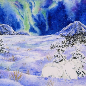 Polar Bears and Northern Lights watercolor print
