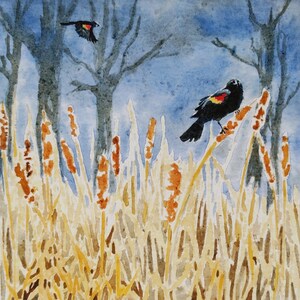 Peut inclure: Une peinture &agrave; l'aquarelle repr&eacute;sentant deux oiseaux noirs avec des taches rouges sur leurs ailes. Un oiseau est perch&eacute; sur une haute tige de quenouilles, tandis que l'autre vole au-dessus. L'arri&egrave;re-plan est d'un bleu doux avec des touches de vert et de brun.