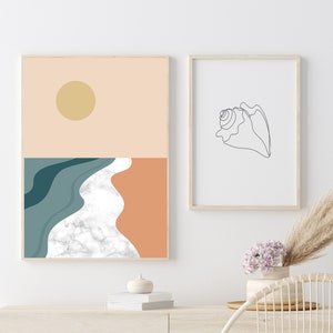 Set of 2 Printable Coastal Decor, Nautical Seashell Beach Print Download, Wavy Abstract Landscape Print Set of 2 Art Prints