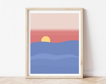 Abstract Sunset, Printable Retro Wall Art, Ocean Art Print, Abstract Art Print, Vintage Retro Boho Rainbow, Bedroom Wall Decor, Geometric