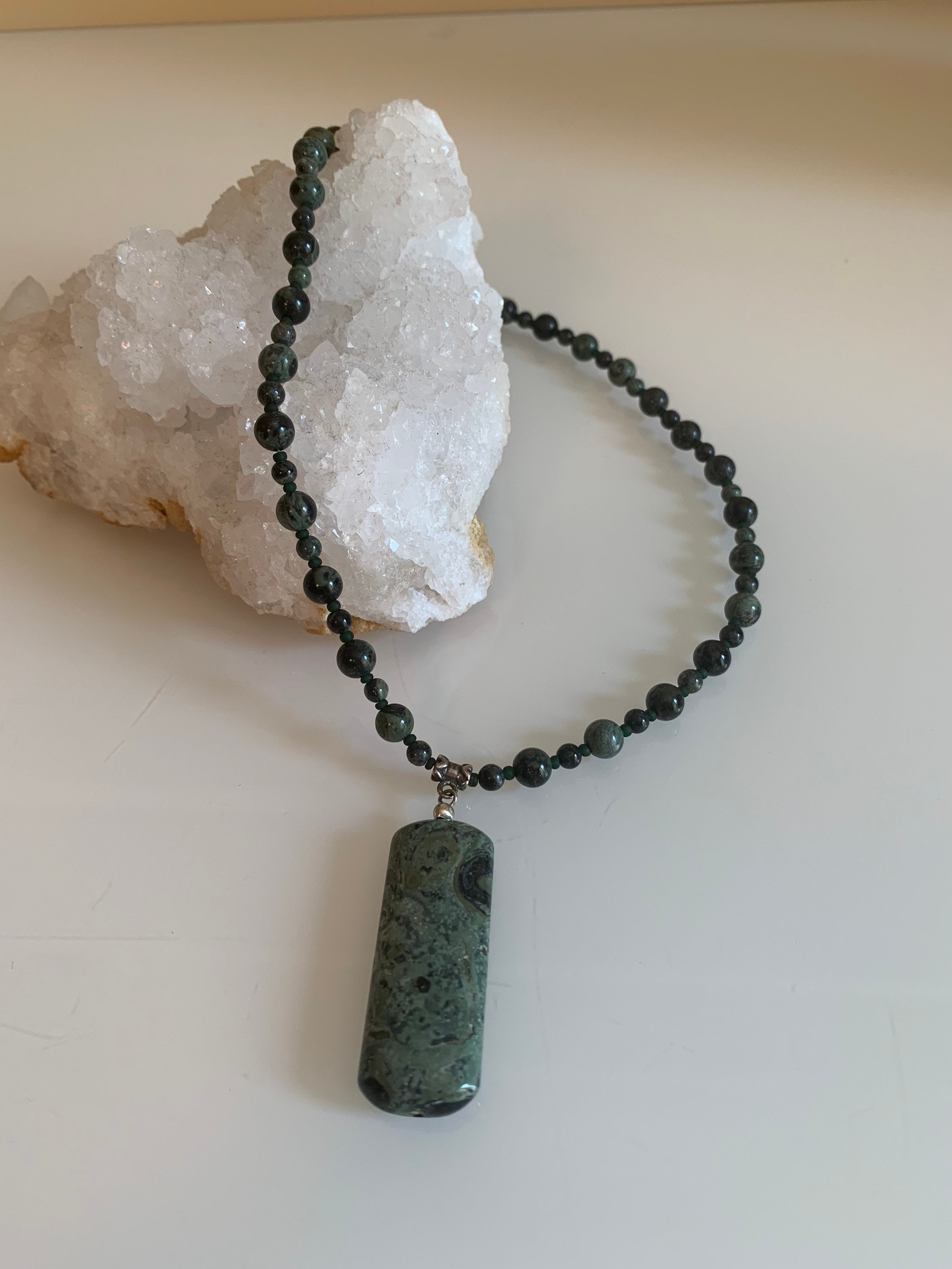 Natural Green Stone Necklace With Pendant Etsy