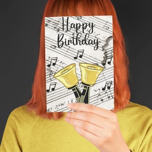 Feliz aniversário com sinos de mão - Cartão A5 Premium de aniversário com sinos de mão - Presente, música, presente, sinos, cartões de felicitações, envelope