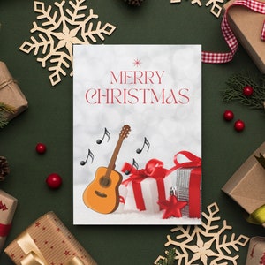 Vrolijk kerstfeest met gitaar - Premium kerstgitaar A5-kaart - cadeau, muziek, cadeau, strijkstok, kerstman