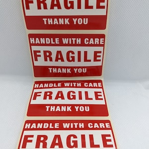 Large Fragile - Handle With Care - Thank You - Stickers - 3 inch x 2 inch - Red Sticker, White Background, packing sticker, handle with care
