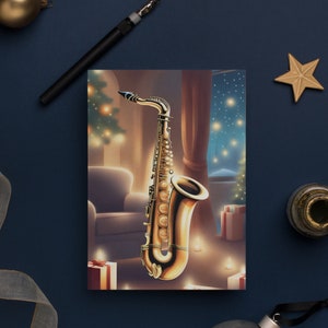 Evening Sax - Premium Christmas Handbell A5 Card - Prezent, Muzyka, Prezent, saksofon, saksofon altowy, saksofon tenorowy