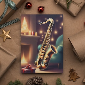 Sax by the Fire - Premium Christmas Handbell A5 Card - Regalo, Musica, Presente, sax, sax contralto, sax tenore