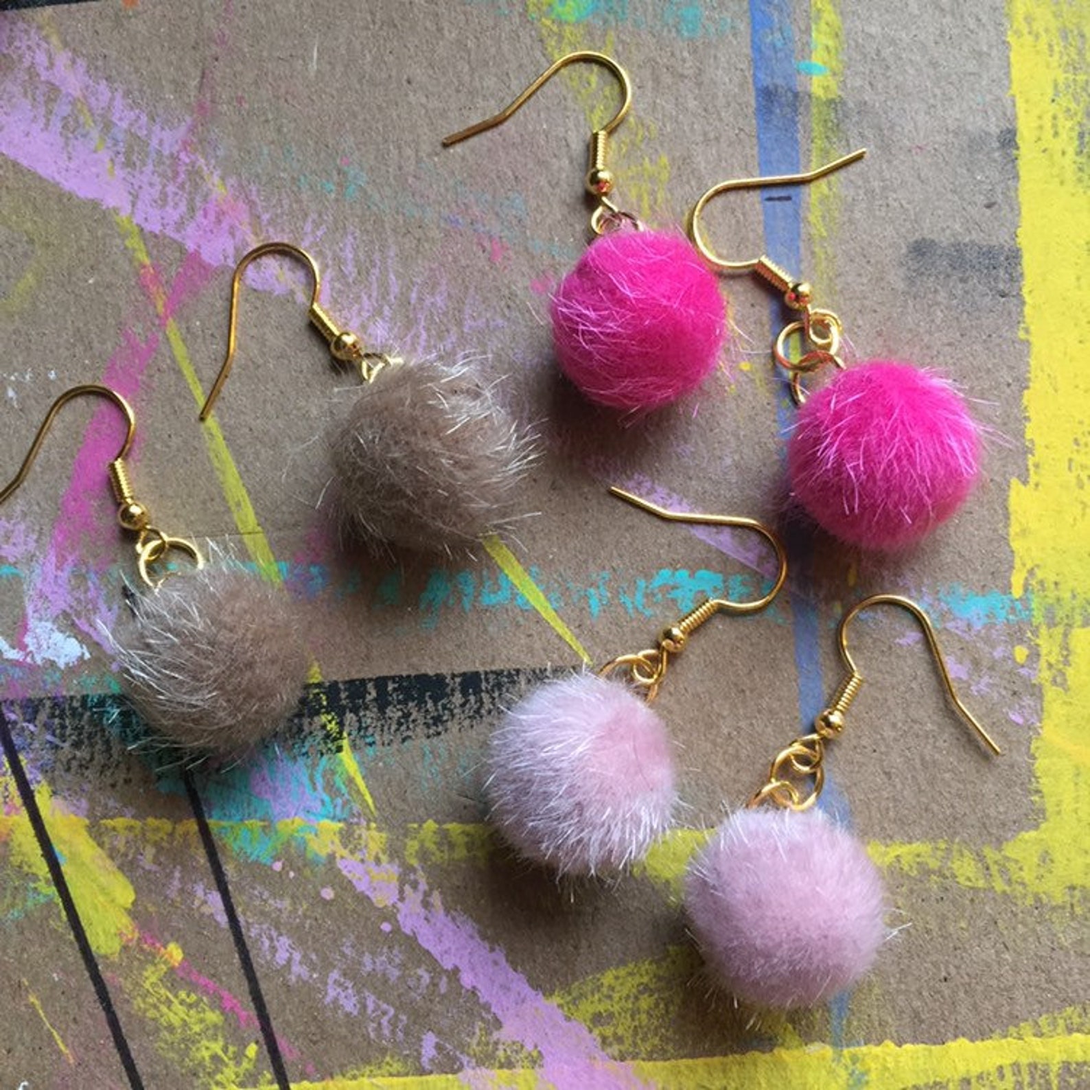 Colorful Pom Pom Dangle Earrings Pom Pom Puff Ball Retro Etsy