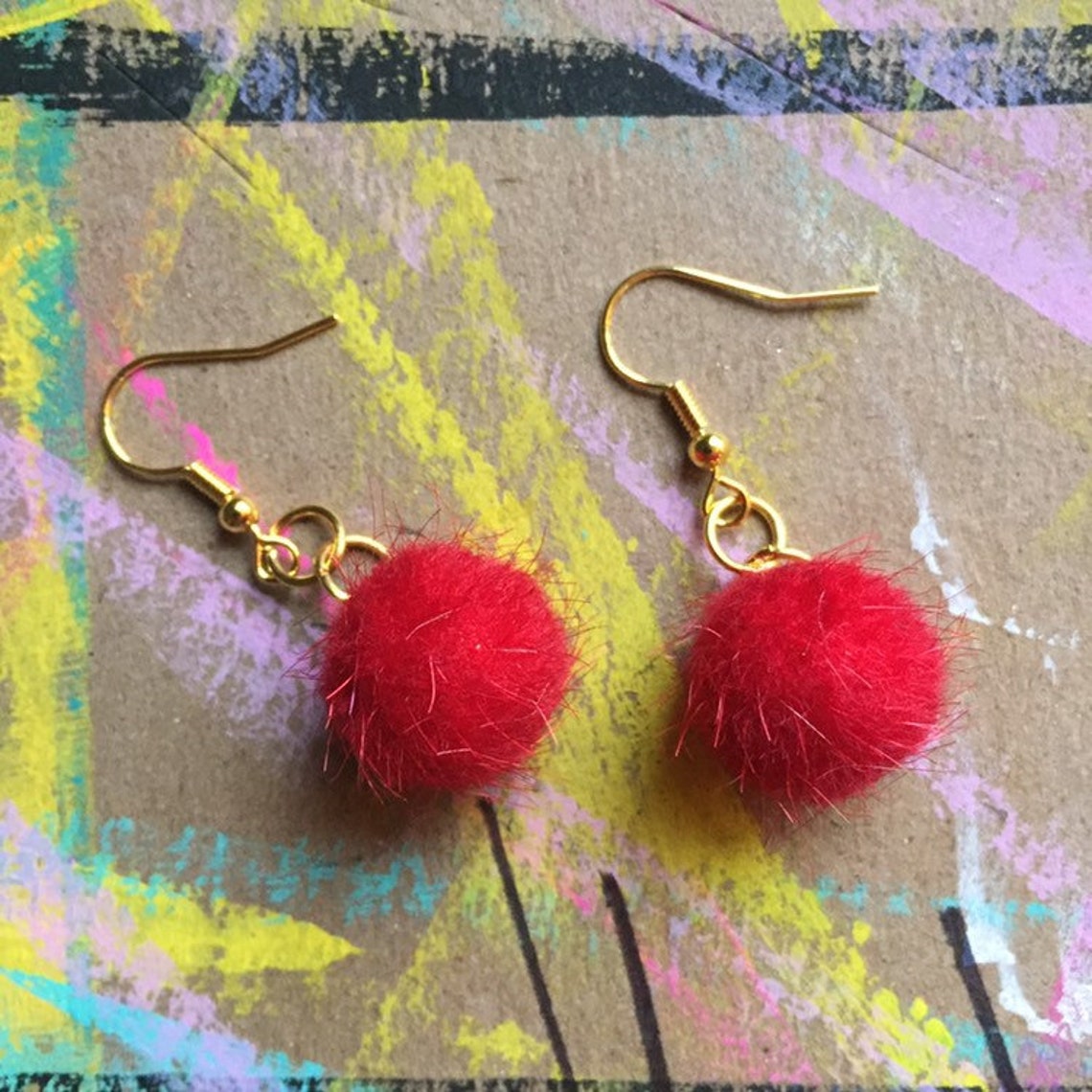 Colorful Pom Pom Dangle Earrings Pom Pom Puff Ball Retro Etsy