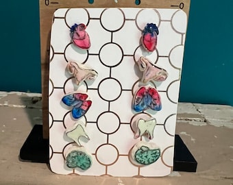 Organ Studs! Uterus, Lungs, Brain, Tooth, Heart Earrings! Handpainted Watercolor on Cl. Great gift for Veterinarian, Doctor, Dentist, OBGYN…