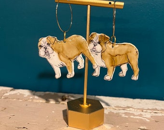 Regalo per cani Bulldog inglese / Orecchini divertenti - Orecchini gioielli in argilla per cani Bulldog inglese fatti a mano in acquerello, pendente, spilla/spilla, magnete