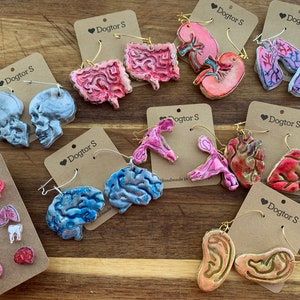 May include: A collection of handmade anatomical earrings and pins. The earrings depict various body parts, including brains, lungs, hearts, and ears. The pins show teeth, lungs, and other organs. Each piece is attached to a brown tag with the text "Dogtor S".