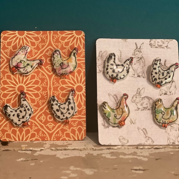 Chicken Earrings - Funky Clay Chicken Earrings -Crazy Chicken Lady - Patterned and Hand Painted Stud Earrings - 2 Pair - Great Gift!