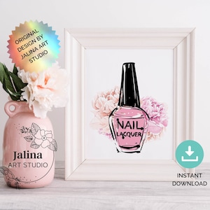 Nail salon wall art, Instant Download Nail salon decor with nail polish bottle, Printable wall art for Nail room decor,  3 piece wall art