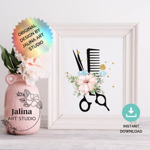 Hair Salon Decor with Scissors print, Hair Salon Wall art, hair stylist gift, Beauty salon poster print, Hairdresser Gift