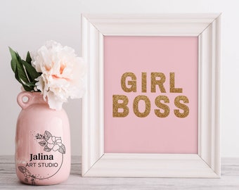 Girl boss printable wall art, Boss babe wall art, Gold glitter, Girl Boss print, Pink gold office decor, Office wall art, Boss Lady wall art