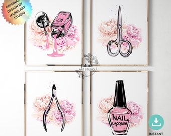 Nail Salon decor, Nail salon wall art, set of 4 posters, Nail studio wall decor, Printable wall art for Nail salon wall decor