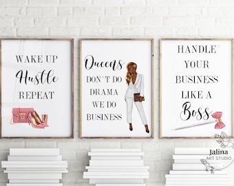 Girl Boss Quotes, Printable wall art, Motivational Quotes set of 3 Prints, Hustle Quotes, Entrepreneur Motivational office Wall Decor