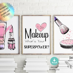 Makeup room wall decor, Makeup studio set of 3 wall art, Printable wall art for makeup artist, Beauty salon decor, Makeup quote printable