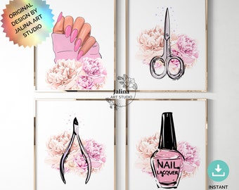 Impressões de decoração para salão de beleza: conjunto de parede para galeria de arte de manicure (download digital)