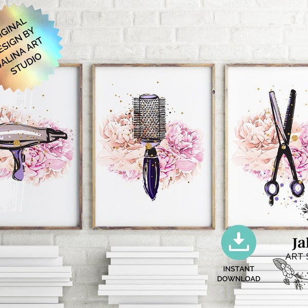 Hair Salon Decor set of 3 prints, Hair Salon 3 piece Wall art, Hair stylist gift, Beauty salon printable poster print, Hairdresser Gift