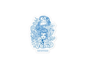 May include: Blue line art illustration of a woman with a ship, octopus, and other nautical elements in her hair. The text reads "Still we and the queen are lost at sea I hope it isn't you and me."