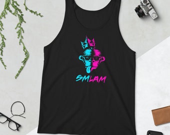May include: Black tank top with a neon blue and pink graphic of a monkey wearing a crown and sunglasses. The text "SMLAM" is below the graphic in matching colors. The tank top is made of a soft material.