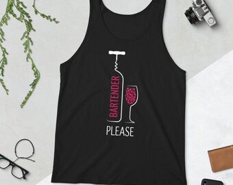 May include: Black tank top with a white graphic of a wine bottle, corkscrew, and wine glass. The text "BARTENDER PLEASE" is written in pink below the graphic.