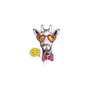 May include: A cartoon giraffe wearing pink heart-shaped sunglasses and a pink bow tie with white polka dots. The giraffe is saying "These fickle faddled words confuse me".