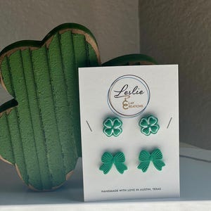 Shamrock and Bow Clay Stud Set