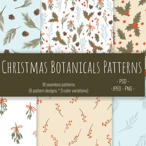 Christmas Botanicals Seamless Pattern Set, Hand Drawn Digital Paper, Commercial use - PSD, JPEG, PNG