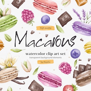 Macarons Aquarell digitale Clipart - Individuelle PNG-Dateien Grafik-Set - Küchendekor, Kochbuch, Food Magazine, Restaurant Menü