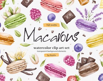 Macarons Watercolor Digital Clipart - Individual PNG Files Graphic Set - Kitchen Decor, Cooking book, Food Magazine, Restaurant Menu