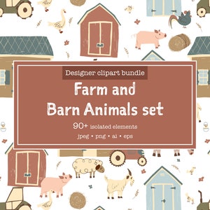 Farm and Barn Animals Set Clipart Bundle, 90+ Elemente, kommerzielle Nutzung - JPEG, PNG und Vektor Ai, EPS