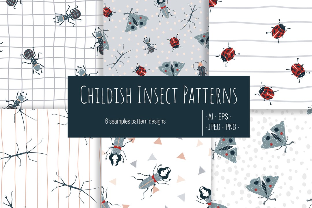 Insect Pattern Boy Childish Insect Patterns, Hand Drawn Digital Paper, Commercial Use ...