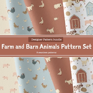 Könnte beinhalten: Ein Set mit 8 nahtlosen Mustern mit Bauernhof- und Stalltieren. Die Muster beinhalten Schweine, Ziegen, Hühner, Enten, Ställe und andere landwirtschaftliche Bilder. Die Muster sind in verschiedenen Farben gehalten, darunter Blau, Braun und Weiß.