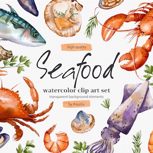 Zeevruchten aquarel digitale clipart-individuele PNG-bestanden grafische set-keuken decor, kookboek, Food Magazine, restaurant menu