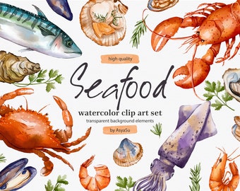 Seafood Watercolor Digital Clipart - Individual PNG Files Graphic Set - Kitchen Decor, Cooking book, Food Magazine, Restaurant Menu
