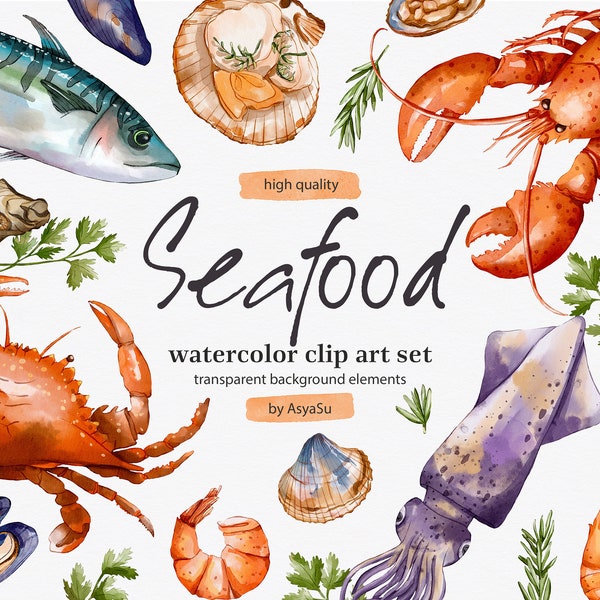 Seafood Watercolor Digital Clipart - Individual PNG Files Graphic Set - Kitchen Decor, Cooking book, Food Magazine, Restaurant Menu