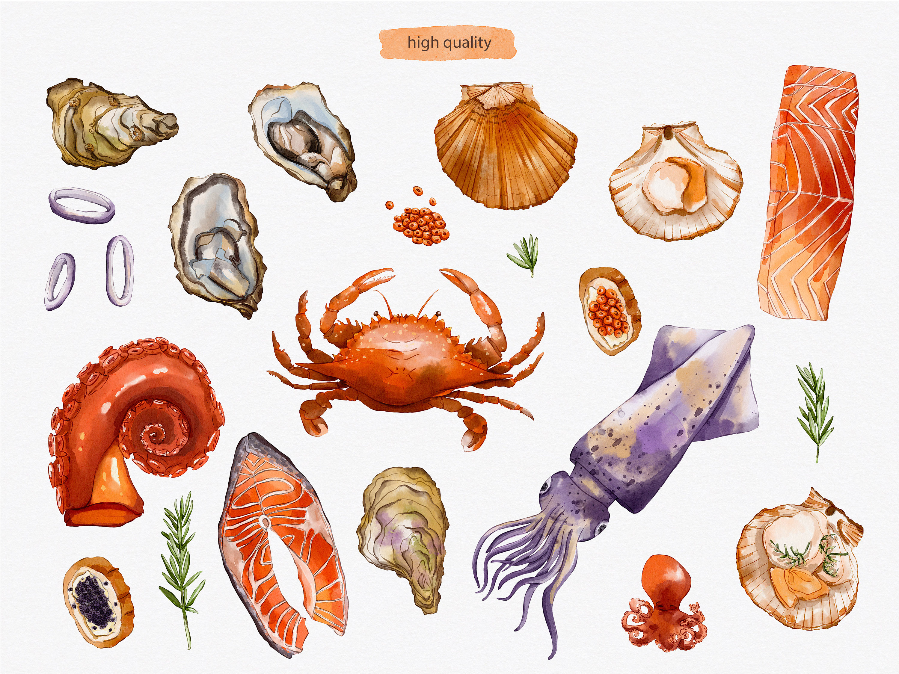 Seafood Watercolor Digital Clipart - Individual PNG Files Graphic Set ...