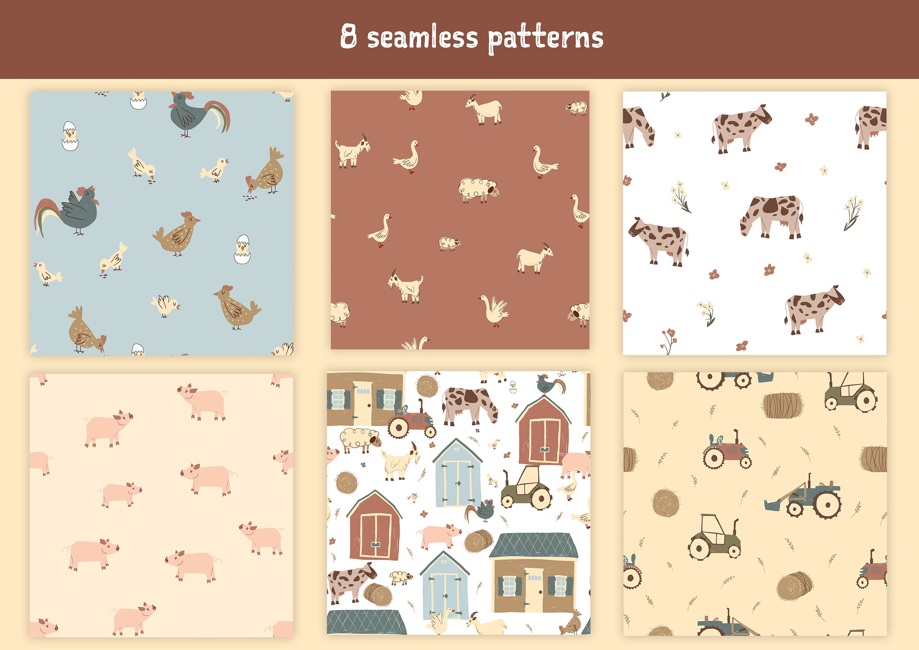 Farm and Barn Animals Set Digital Paper, Cute Children Illustrations ...
