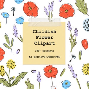 Conjunto de imágenes prediseñadas vectoriales de flores infantiles, más de 100 elementos, lavanda, diente de León, amapola, nomeolvides, uso comercial, JPEG, PNG, Vector Ai, Eps, Svg